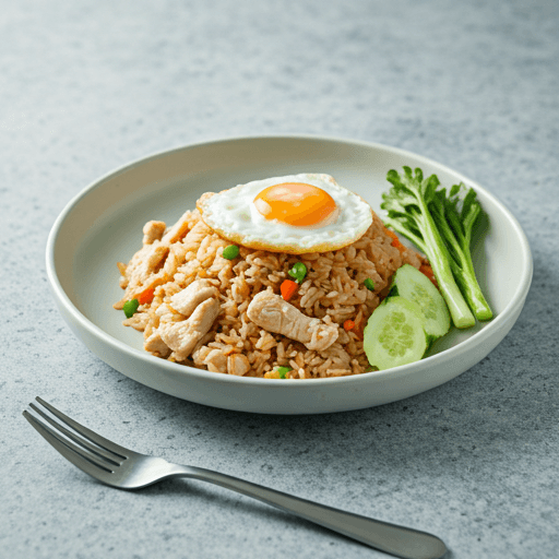 Classic fried rice with egg, mixed vegetables, and crispy onions