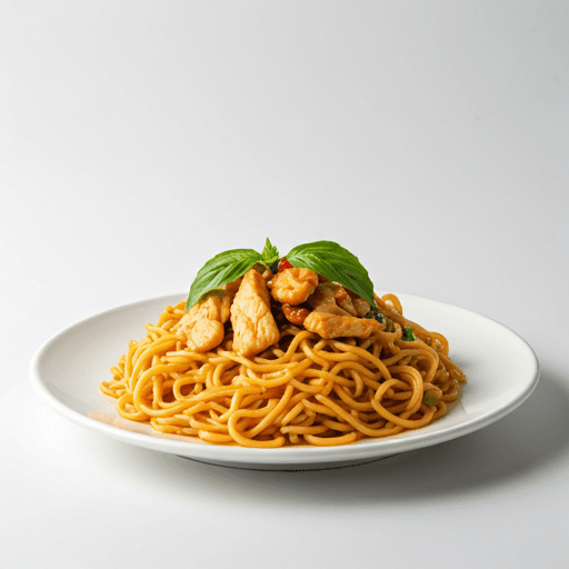 Spicy wide noodles with fresh basil and mixed vegetables