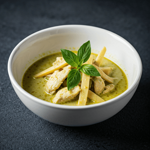 Spicy green curry with eggplant, fresh basil, and creamy coconut milk