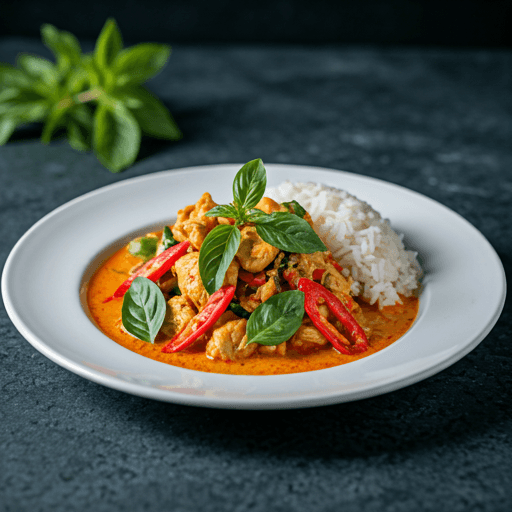 Smooth and mildly sweet curry with a thick creamy sauce and fresh basil